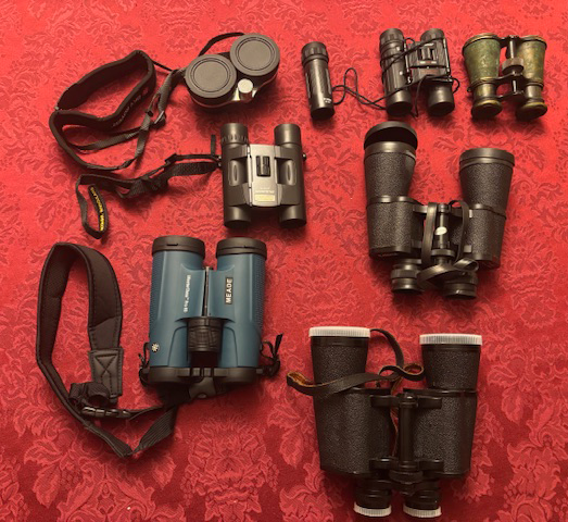 Picture of several binoculars laying on a surface. 