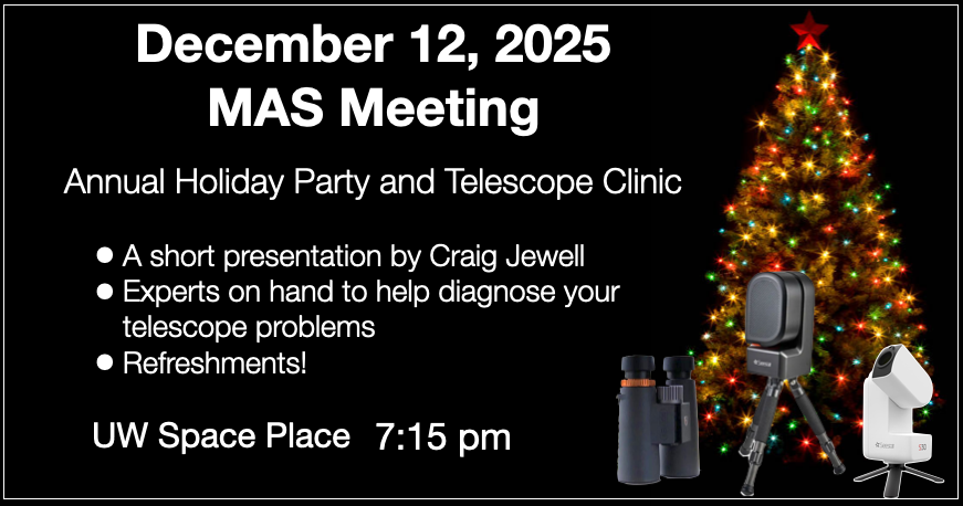 MAS December meeting graphic. Xmas tree and telescopes